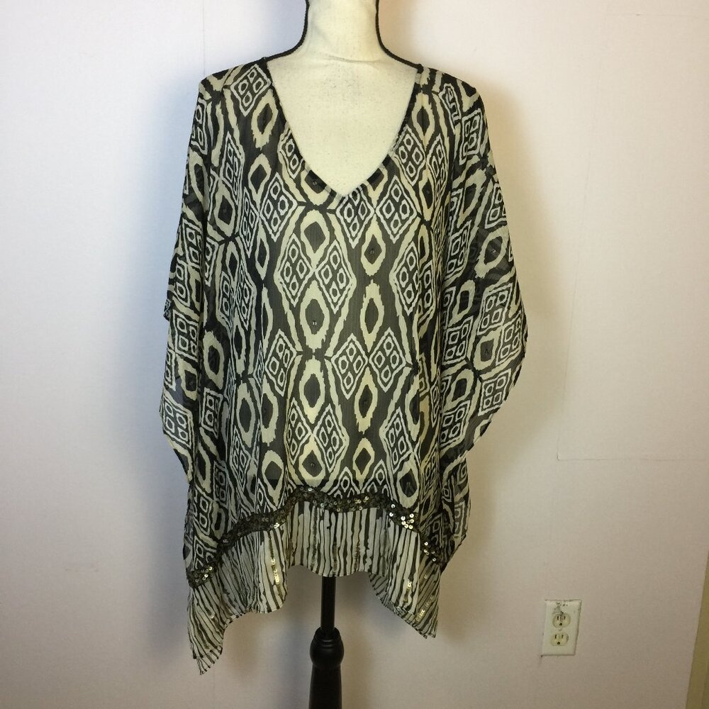 Chico's Kaftan Top Poncho Swim Cover up L/XL Woman Black Cream V-neck Sequin Hem